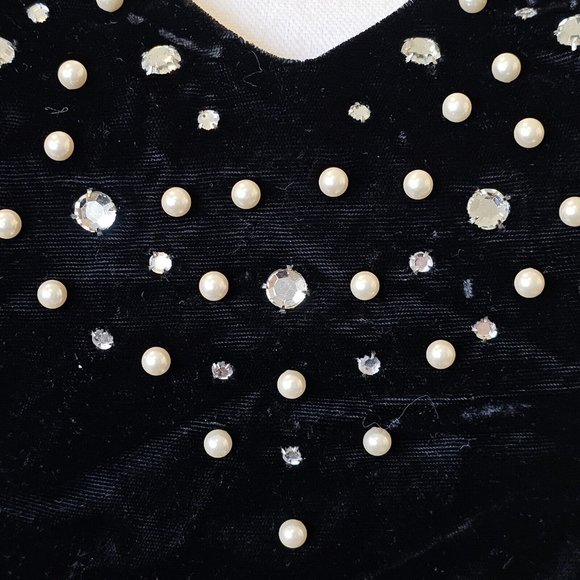 90s 6 Petite Black Velvet Off Shoulder Cocktail Dress Embellished - Picture 4 of 12